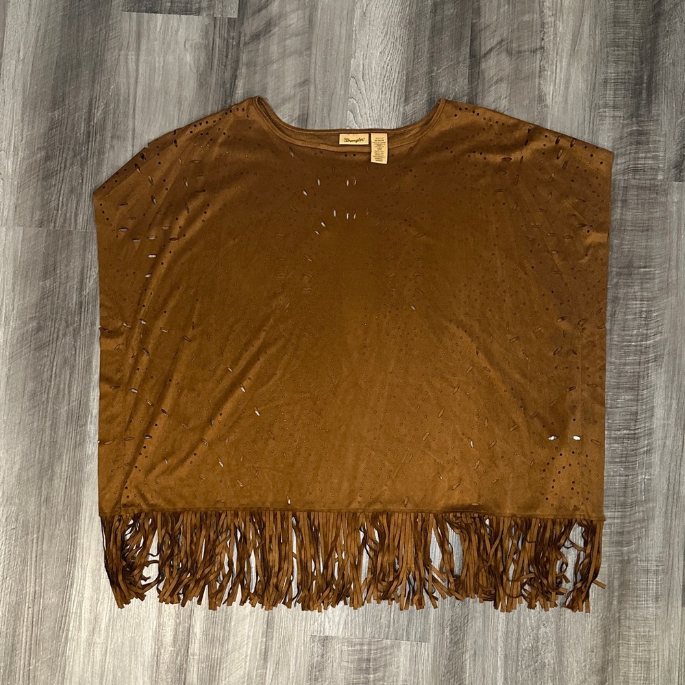 Wrangler Western Faux Suede Eyelet Cut Fringe Poncho - Medium